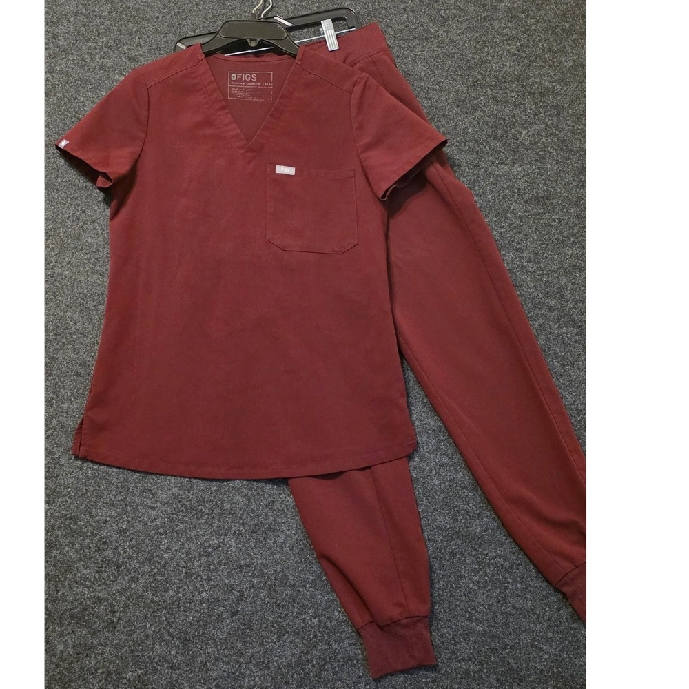 FIGS Scrub Set Womens XXS Burgundy Casala V-Neck Top Zamora Jogger Pants XS